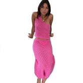 Knit One Shoulder Tops and Slim Midi Skirts Set